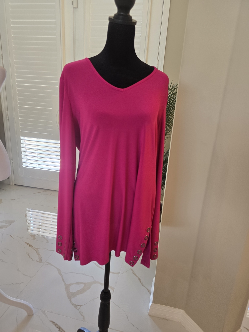 Joseph Ribkoff Fuchsia V-Neck Long Sleeve Top with Cuff Buttons